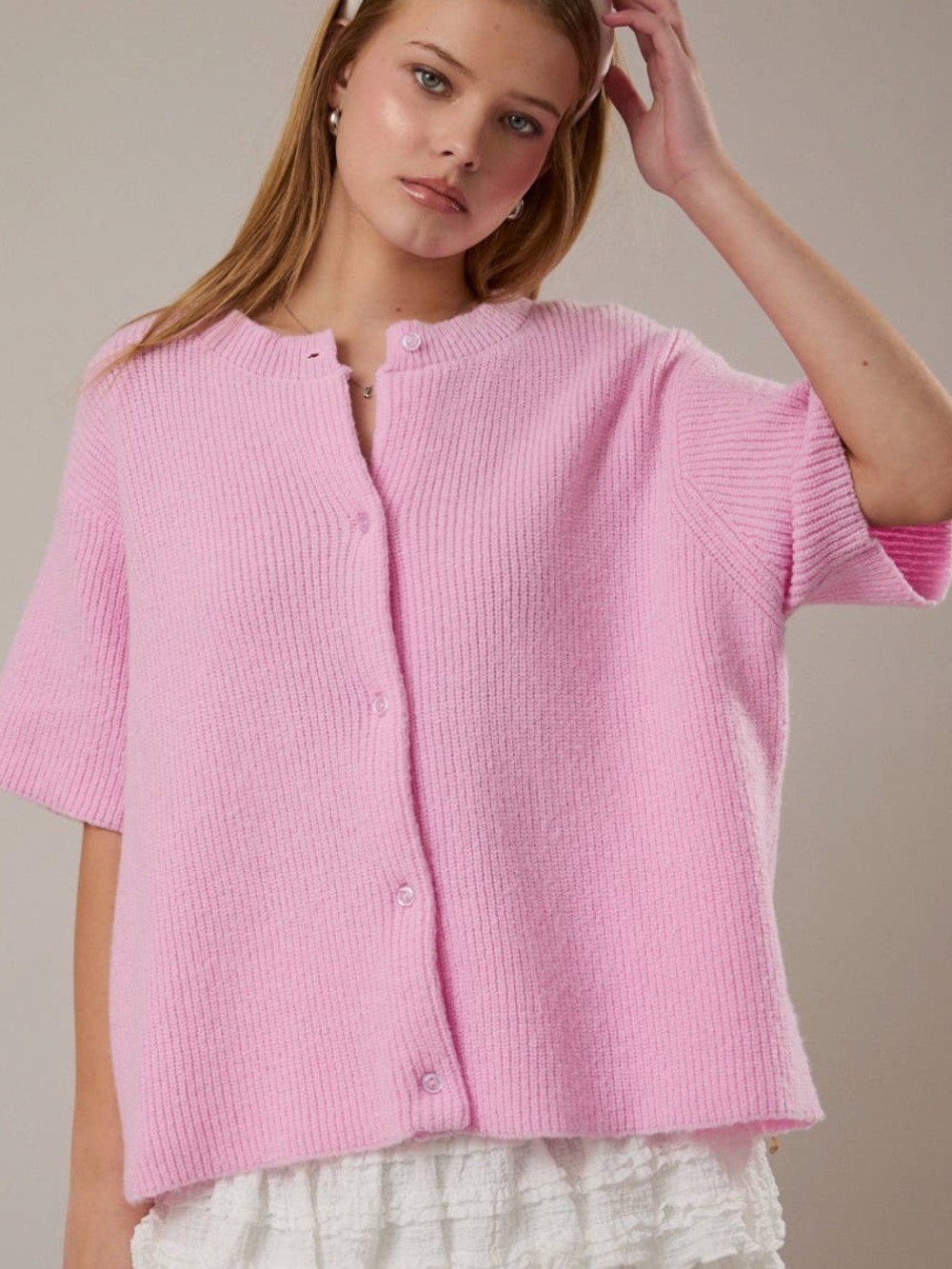 Le lis Pink Short-Sleeve Ribbed Sweater Cardigan